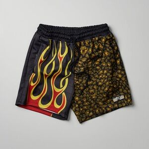 Reason Men's Black and Yellow Flame Pattern Shorts